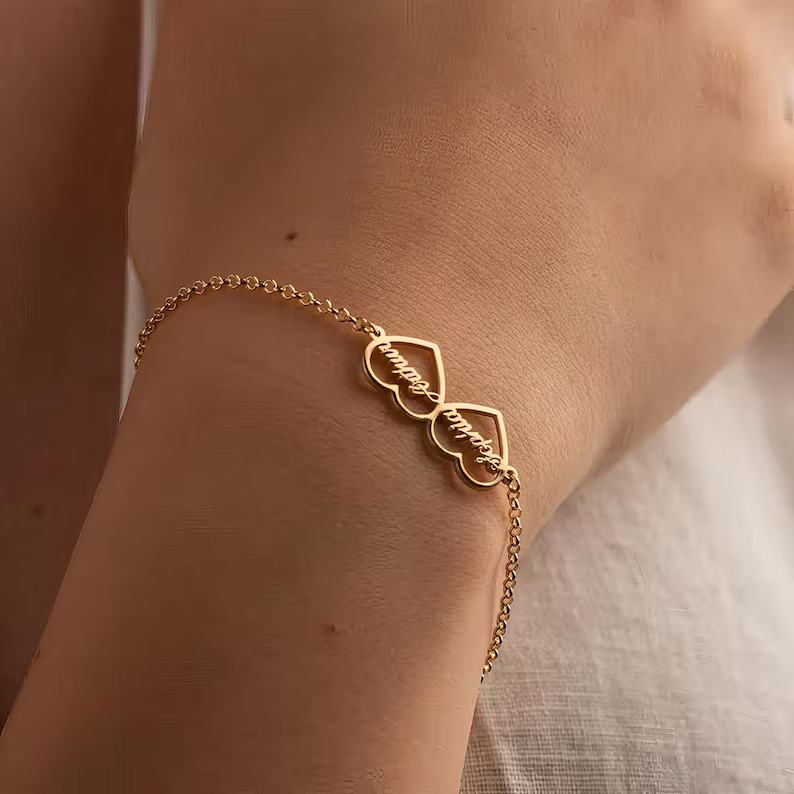 Personalized 925 Sterling Silver Yellow Gold Double Name Heart Bracelet
