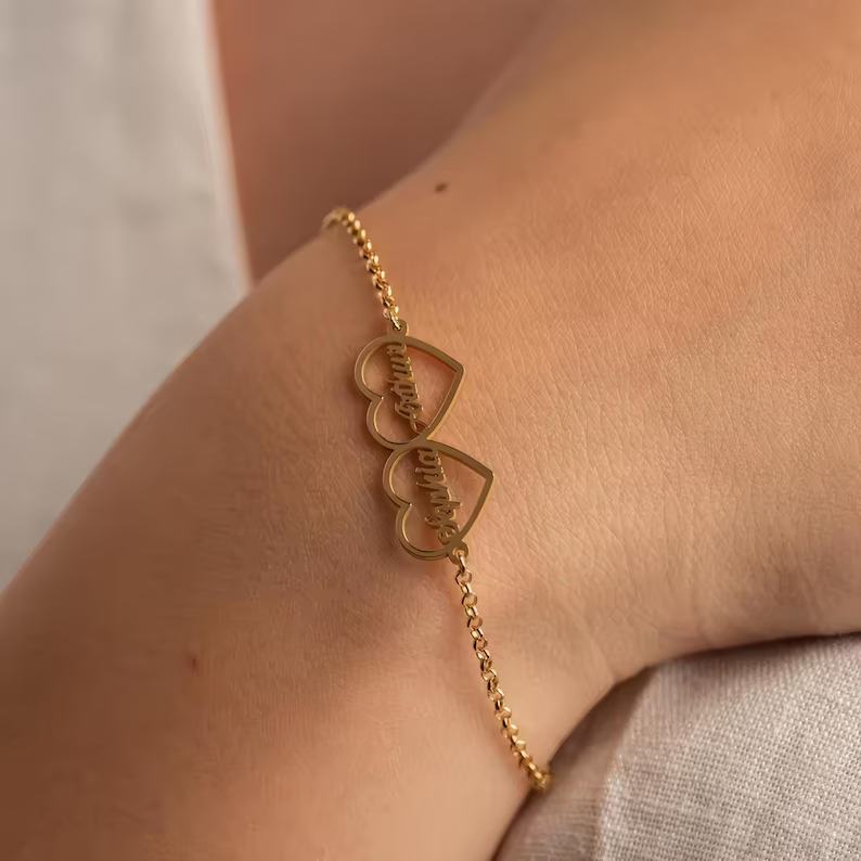 Personalized 925 Sterling Silver Yellow Gold Double Name Heart Bracelet