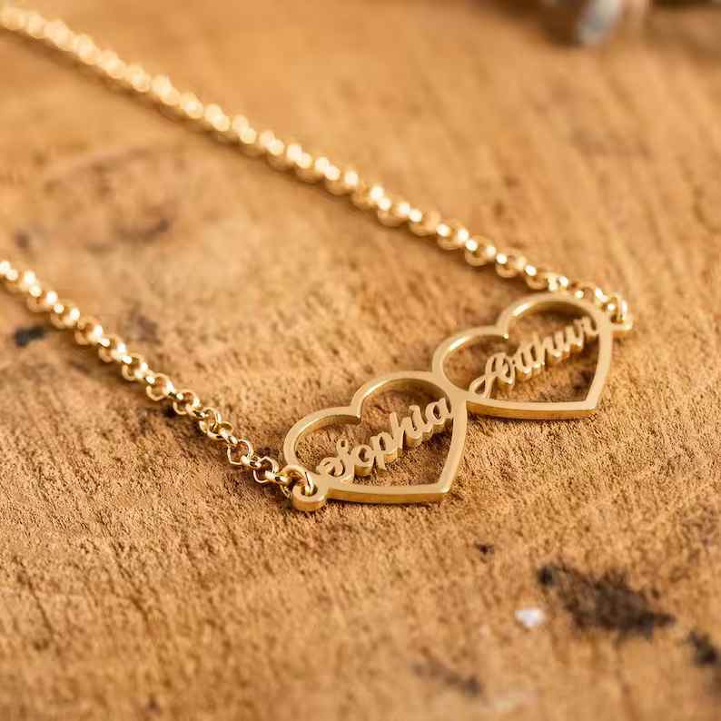 Personalized 925 Sterling Silver Yellow Gold Double Name Heart Bracelet