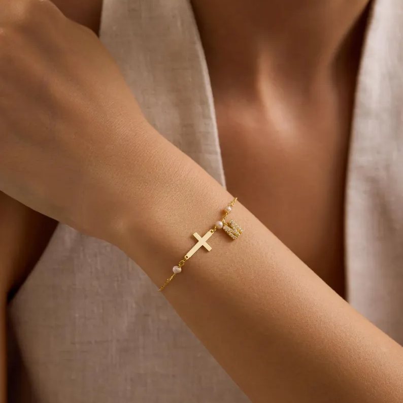 Minimalist Yellow Gold Fresh Pearl 925 Sterling Silver Cross Initial Bracelet
