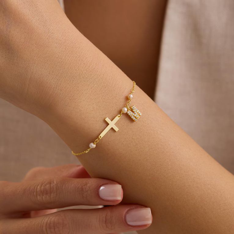 Minimalist Yellow Gold Fresh Pearl 925 Sterling Silver Cross Initial Bracelet