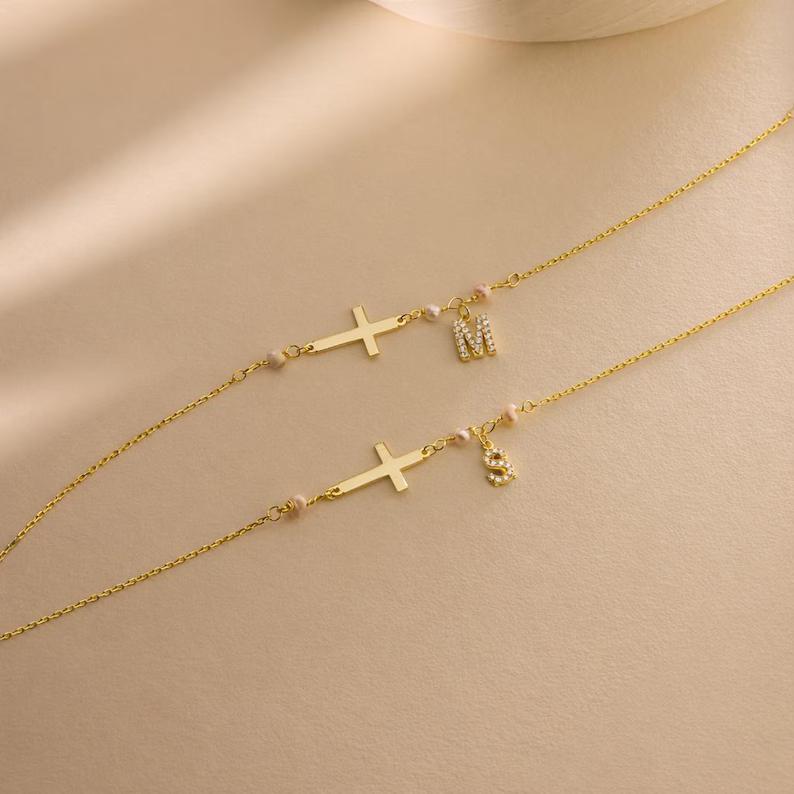 Minimalist Yellow Gold Fresh Pearl 925 Sterling Silver Cross Initial Bracelet
