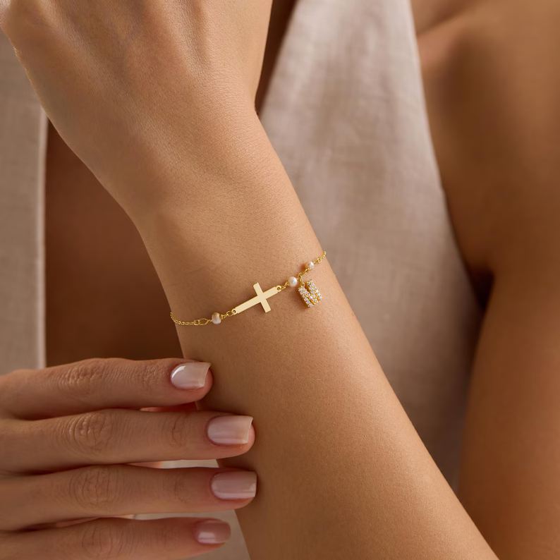 Minimalist Yellow Gold Fresh Pearl 925 Sterling Silver Cross Initial Bracelet