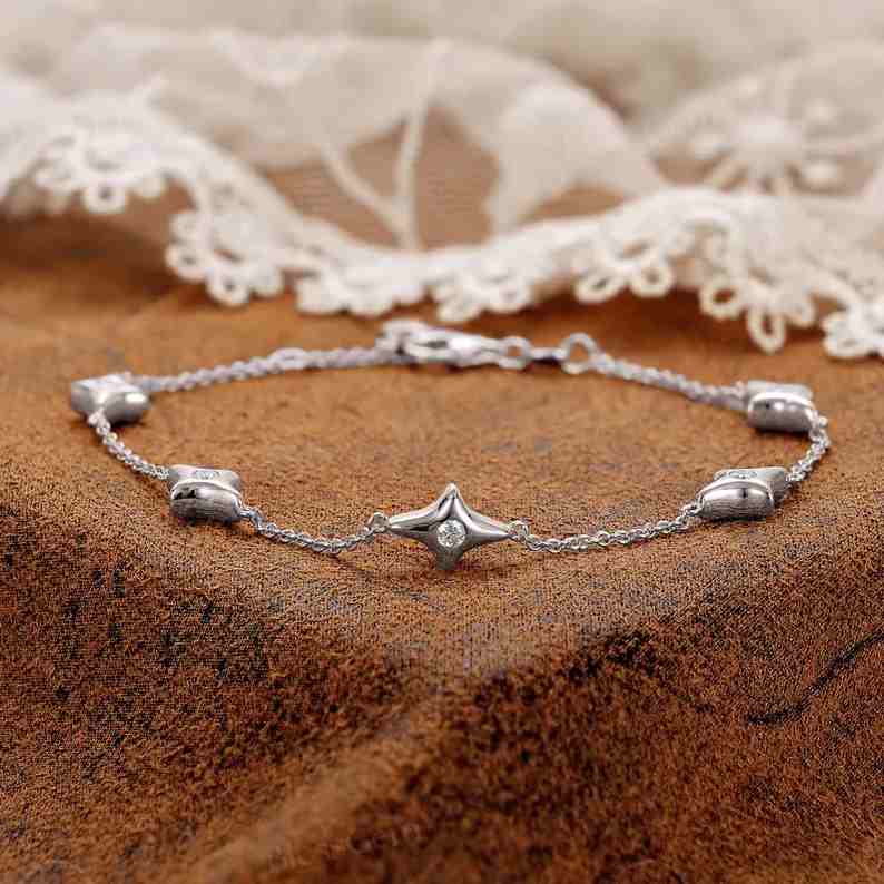 Minimalist Diamond White 925 Sterling Silver Celestial Chain Star Bracelet
