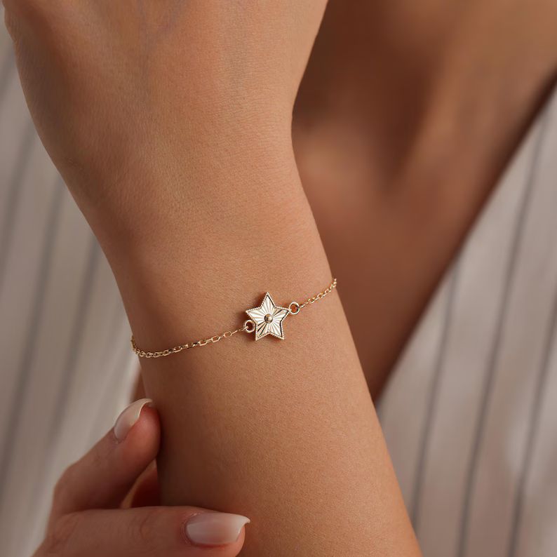 Dainty Minimalist Diamond White 925 Sterling Silver Star Charm Bracelet