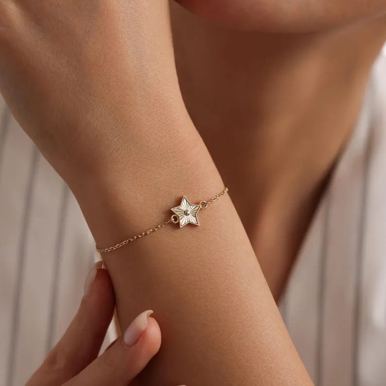 Dainty Minimalist Diamond White 925 Sterling Silver Star Charm Bracelet