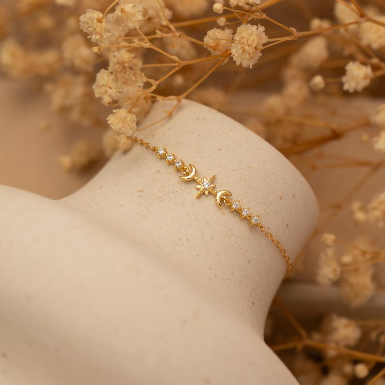 Dainty Diamond White Yellow Gold 925 Sterling Silver Octagonal Star Moon Bracelet