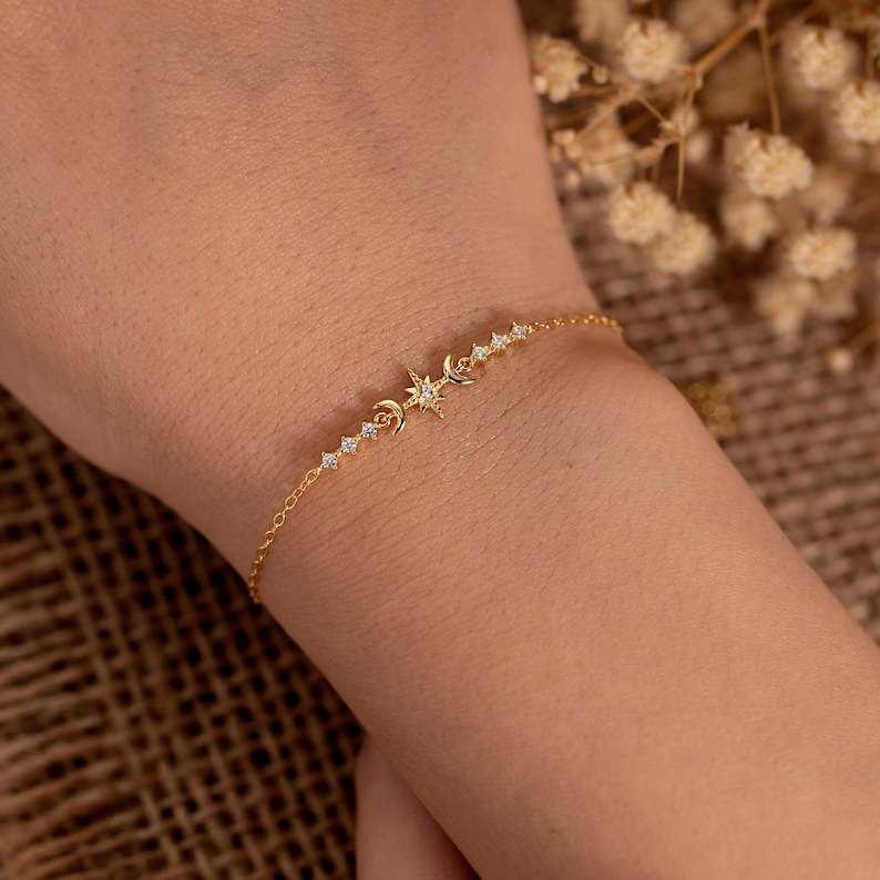 Dainty Diamond White Yellow Gold 925 Sterling Silver Octagonal Star Moon Bracelet