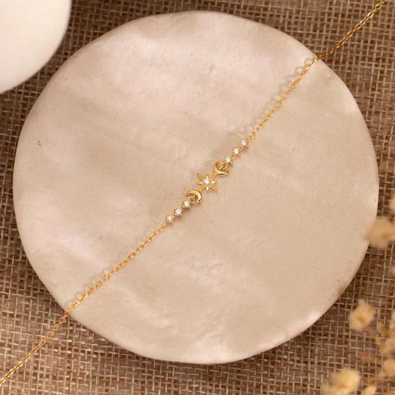 Dainty Diamond White Yellow Gold 925 Sterling Silver Octagonal Star Moon Bracelet