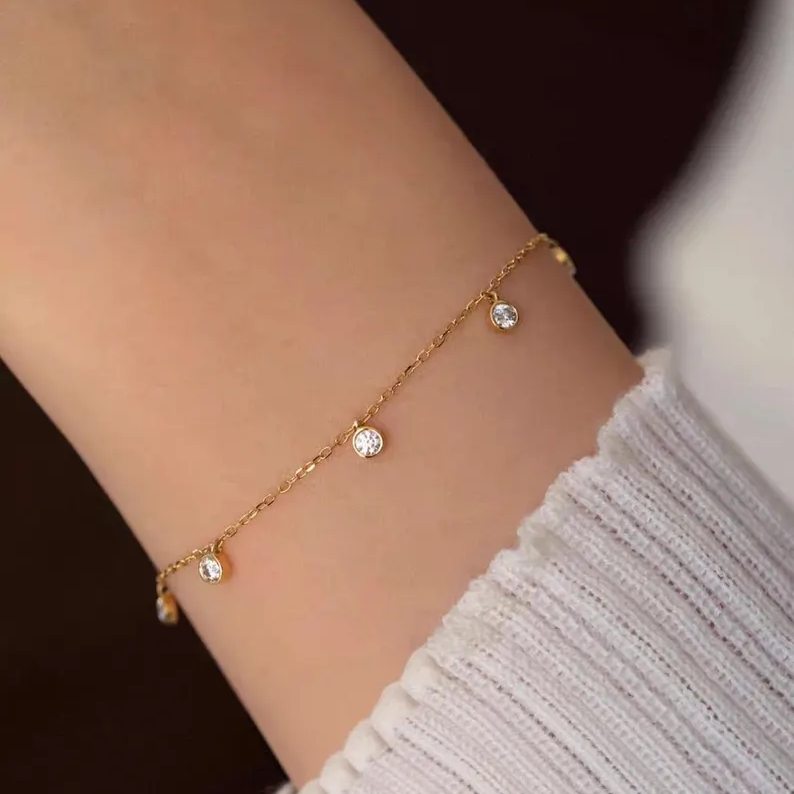 Minimalist Diamond White Yellow Gold 925 Sterling Silver Floating Diamond Bracelet