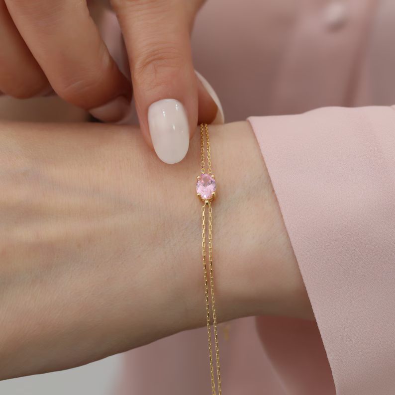Personalized Yellow Gold 925 Sterling Silver Oval Cut Birthstone Bracelet