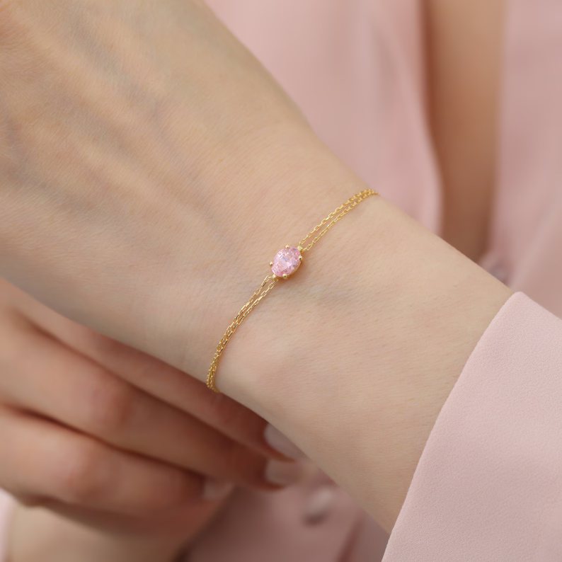 Personalized Yellow Gold 925 Sterling Silver Oval Cut Birthstone Bracelet