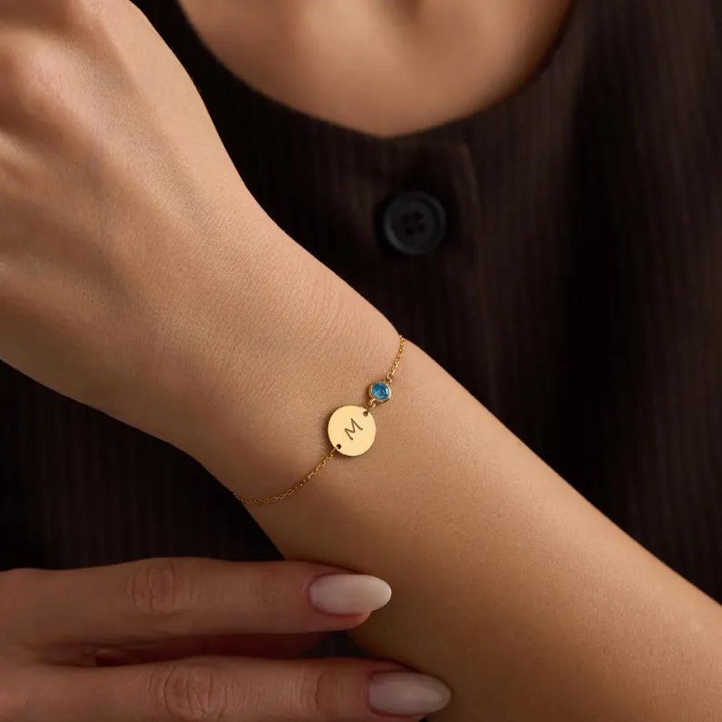 Personalized Yellow Gold 925 Sterling Silver Initial Birthstone Bracelet