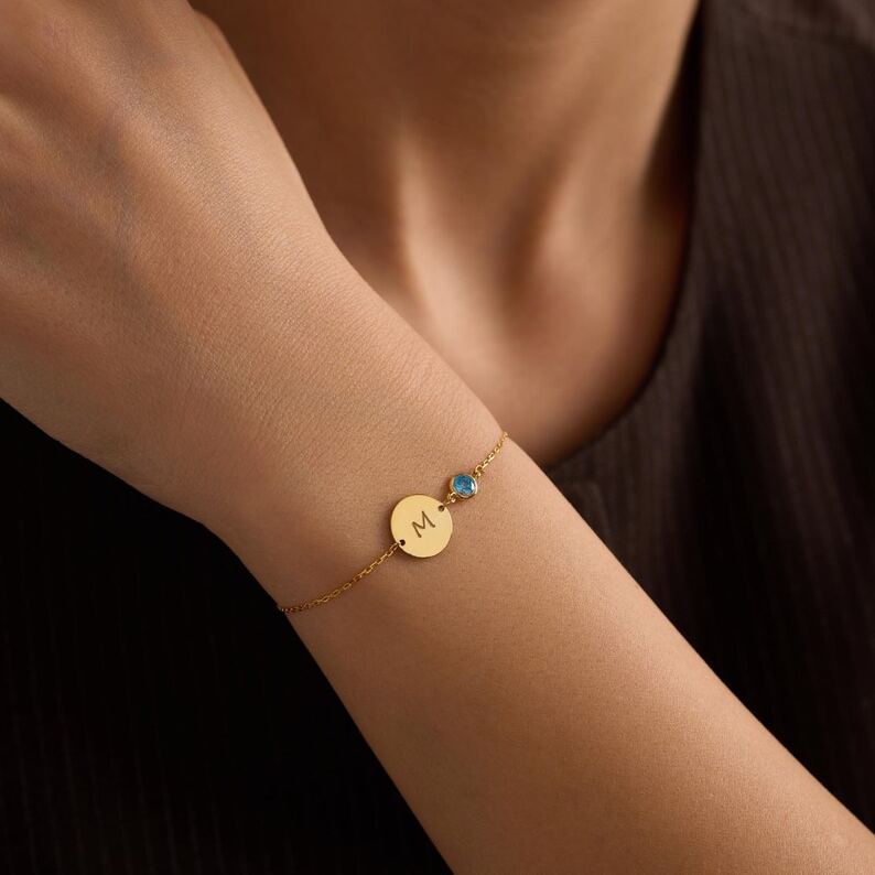 Personalized Yellow Gold 925 Sterling Silver Initial Birthstone Bracelet