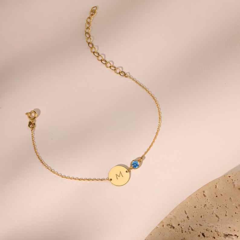 Personalized Yellow Gold 925 Sterling Silver Initial Birthstone Bracelet