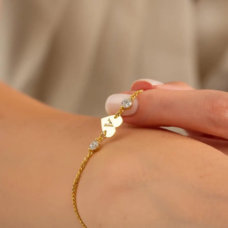 Personalized Sterling Silver Yellow Gold Heart Initial Bracelet with Two Birthstones