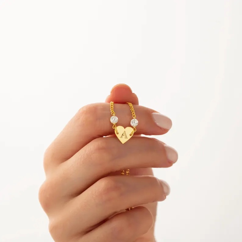 Personalized Sterling Silver Yellow Gold Heart Initial Bracelet with Two Birthstones