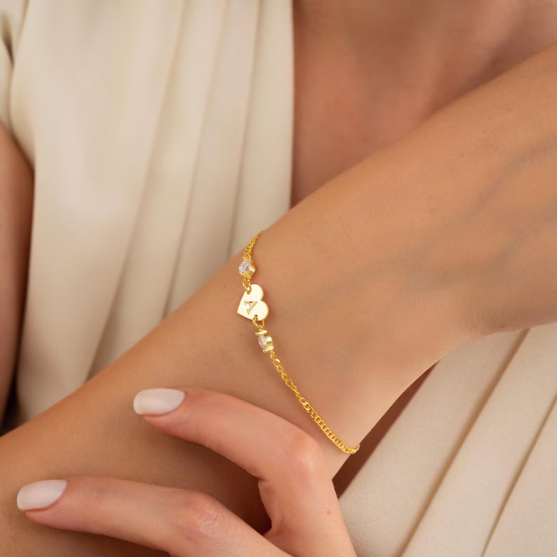 Personalized Sterling Silver Yellow Gold Heart Initial Bracelet with Two Birthstones