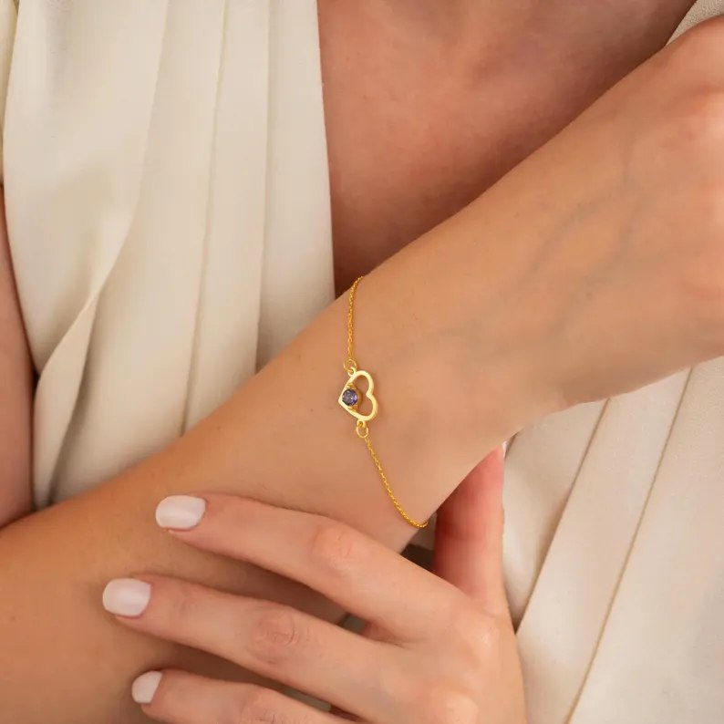Personalized Sterling Silver Yellow Gold Heart Birthstone Bracelet