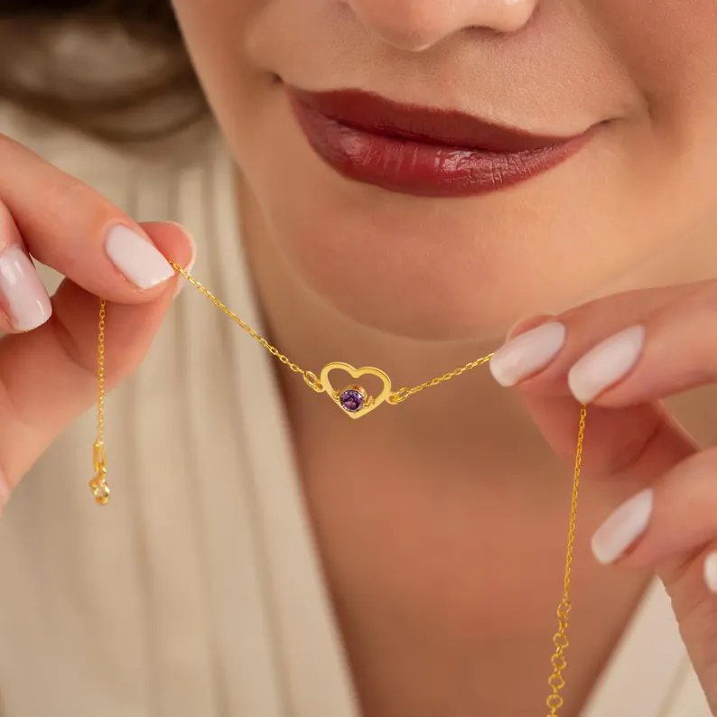 Personalized Sterling Silver Yellow Gold Heart Birthstone Bracelet