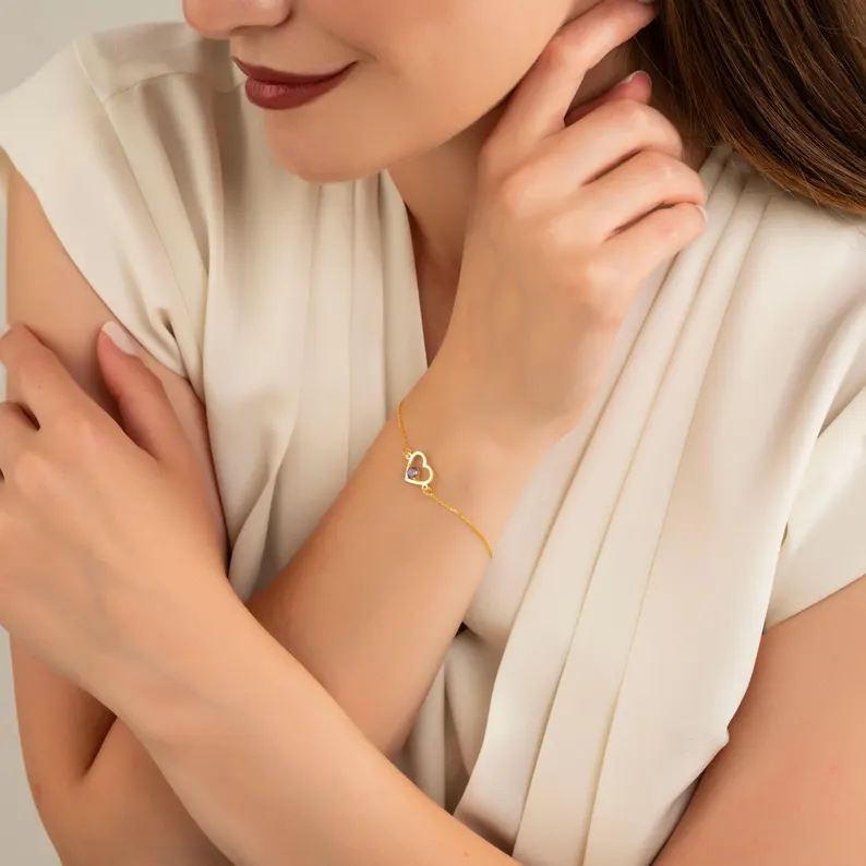 Personalized Sterling Silver Yellow Gold Heart Birthstone Bracelet