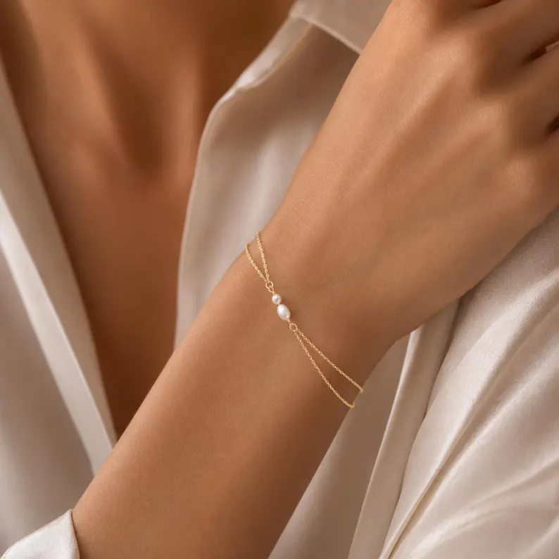 Minimalist Yellow Gold Sterling Silver Freshwater Pearl Double Chain Bracelet