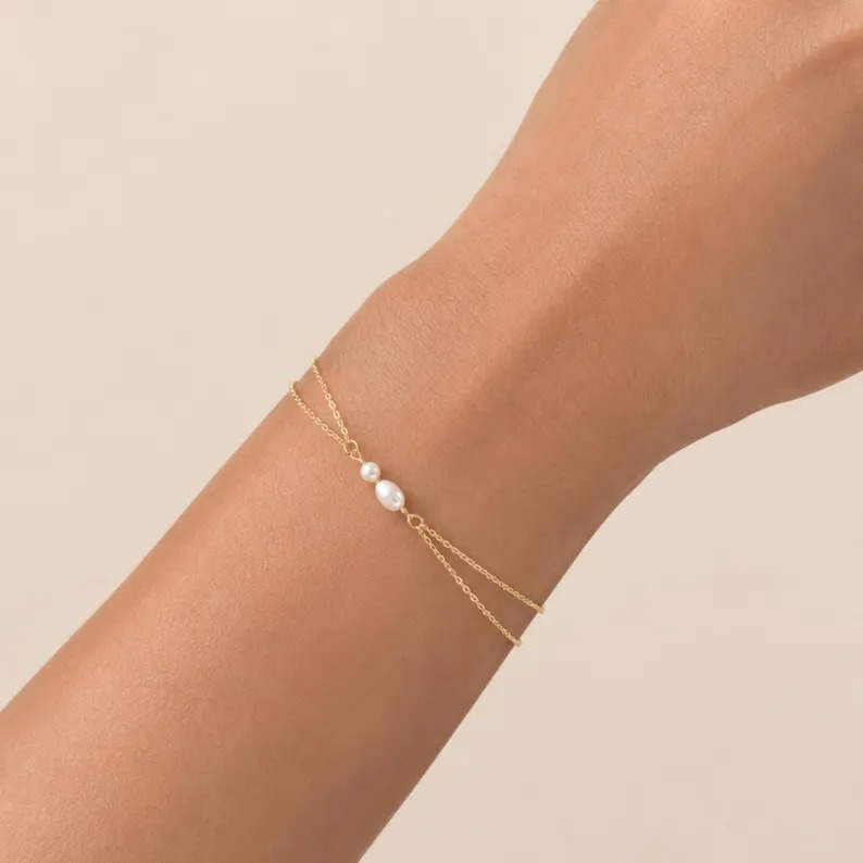 Minimalist Yellow Gold Sterling Silver Freshwater Pearl Double Chain Bracelet