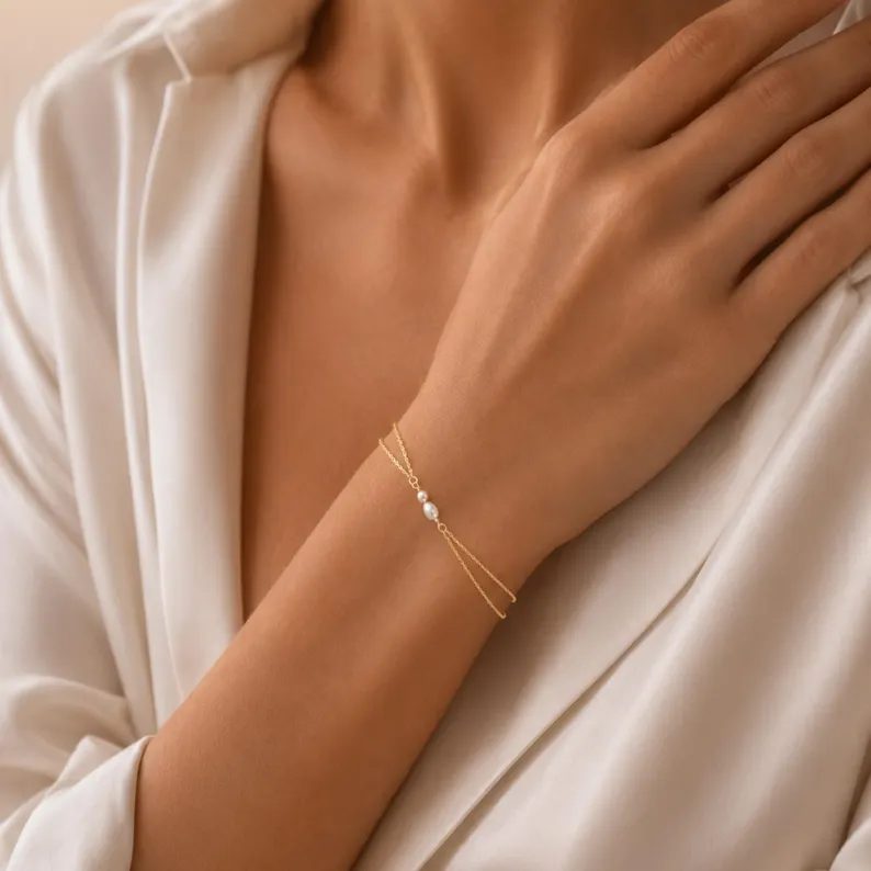 Minimalist Yellow Gold Sterling Silver Freshwater Pearl Double Chain Bracelet