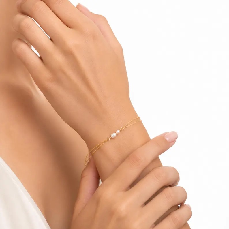 Minimalist Yellow Gold Sterling Silver Freshwater Pearl Double Chain Bracelet
