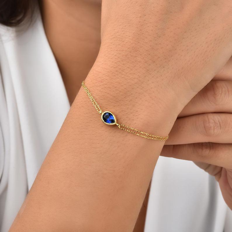 Minimalist Yellow Gold 925 Sterling Silver Birthstone Teardrop Bezel Bracelet