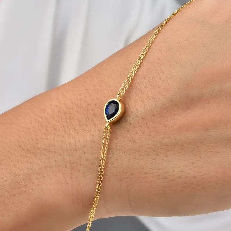 Minimalist Yellow Gold 925 Sterling Silver Birthstone Teardrop Bezel Bracelet