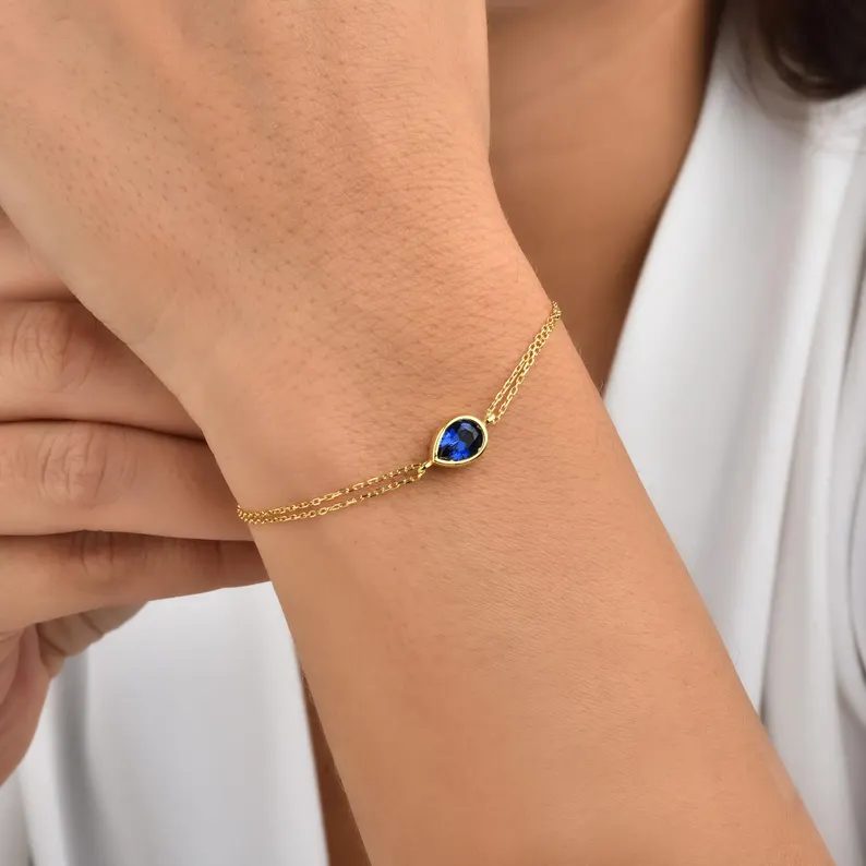 Minimalist Yellow Gold 925 Sterling Silver Birthstone Teardrop Bezel Bracelet