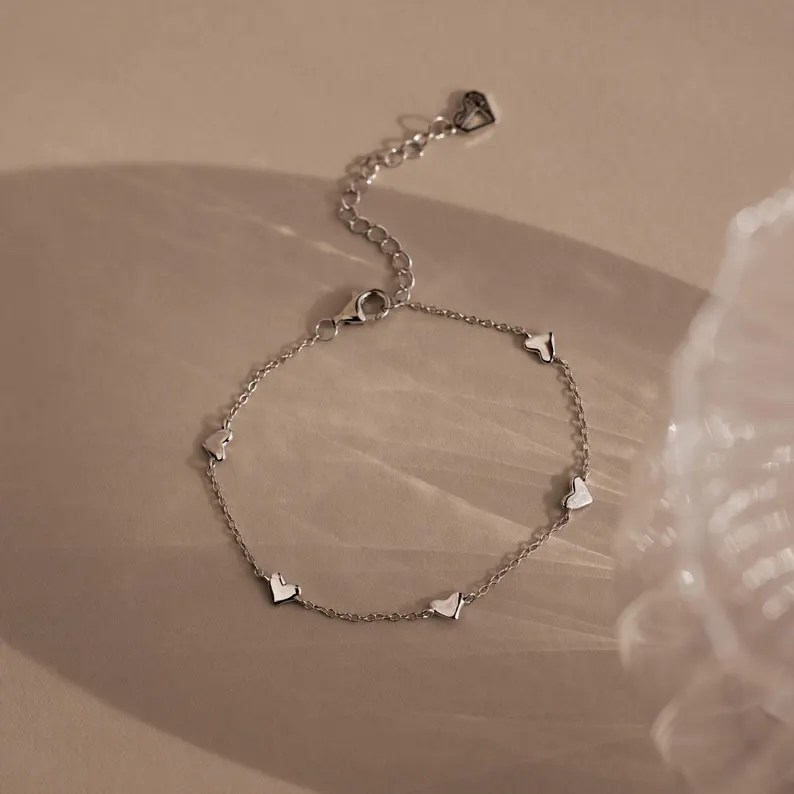 Minimalist 925 Sterling Silver Heart Charm Bracelet