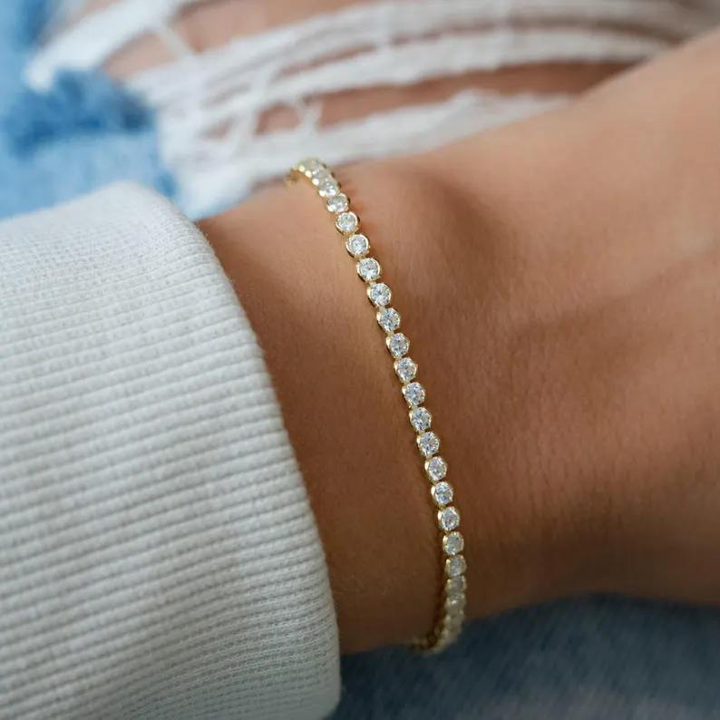Elegant Diamond White 925 Sterling Silver Yellow Gold Tennis Bracelet
