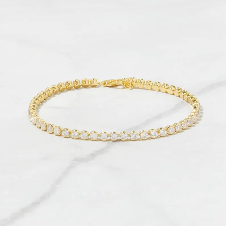 Elegant Diamond White 925 Sterling Silver Yellow Gold Tennis Bracelet