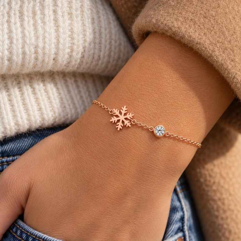 Minimalist Personalized Birthstone 925 Sterling Silver Snowflake Bracelet