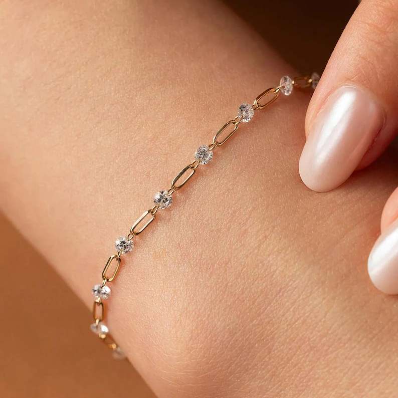 Elegant Yellow Gold Diamond White 925 Sterling Silver Paperclip Link Bracelet