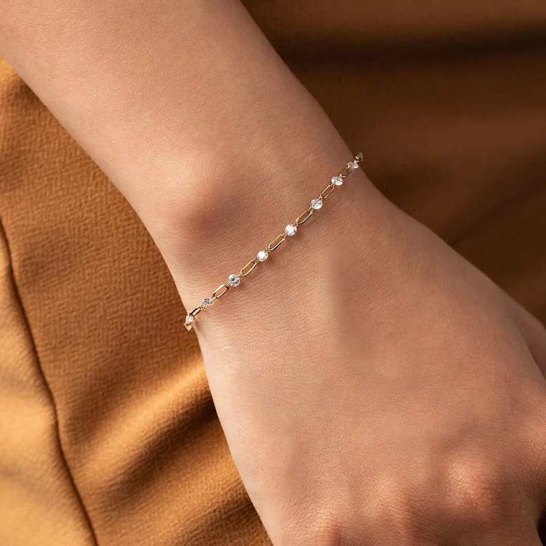Elegant Yellow Gold Diamond White 925 Sterling Silver Paperclip Link Bracelet