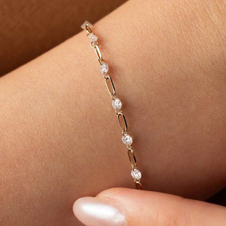 Elegant Yellow Gold Diamond White 925 Sterling Silver Paperclip Link Bracelet