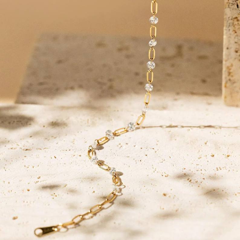 Elegant Yellow Gold Diamond White 925 Sterling Silver Paperclip Link Bracelet