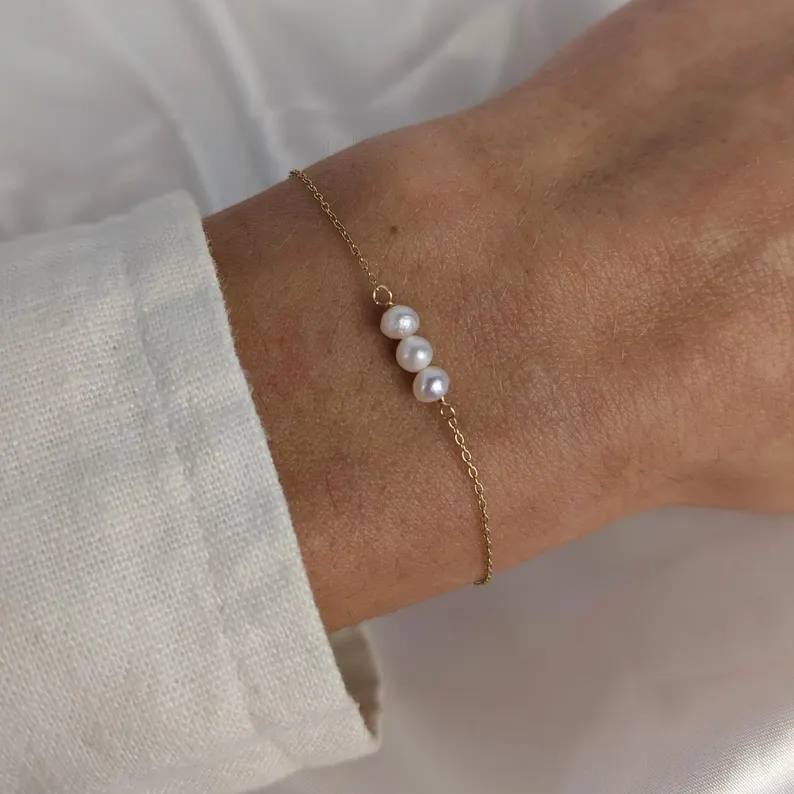 Minimalist Yellow Gold 925 Sterling Silver Freshwater Pearl Bracelet for Women