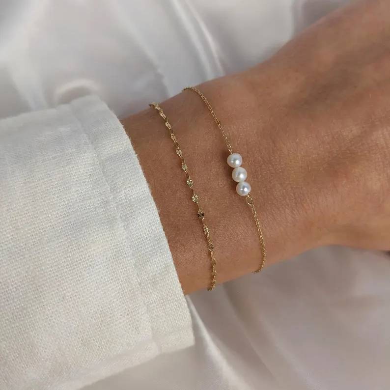 Minimalist Yellow Gold 925 Sterling Silver Freshwater Pearl Bracelet for Women