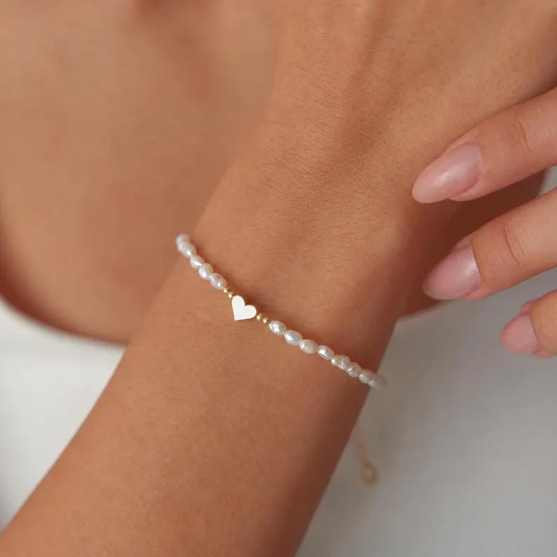 Minimalist 925 Sterling Silver Freshwater Pearl Heart Bracelet for Women