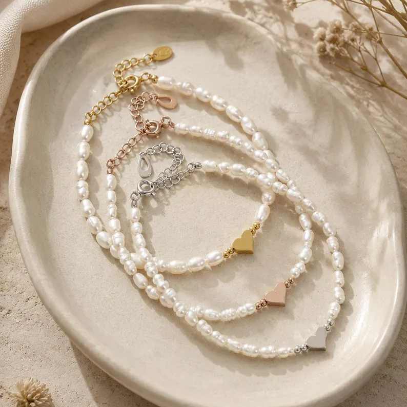 Minimalist 925 Sterling Silver Freshwater Pearl Heart Bracelet for Women