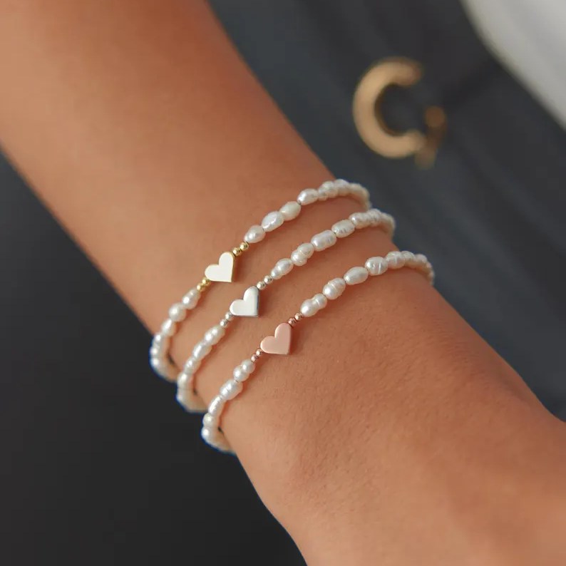 Minimalist 925 Sterling Silver Freshwater Pearl Heart Bracelet for Women