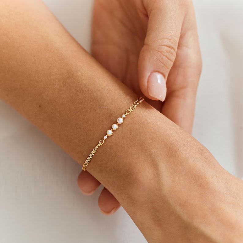 Minimalist 925 Sterling Silver 3 Pearl Bar Bracelet for Women