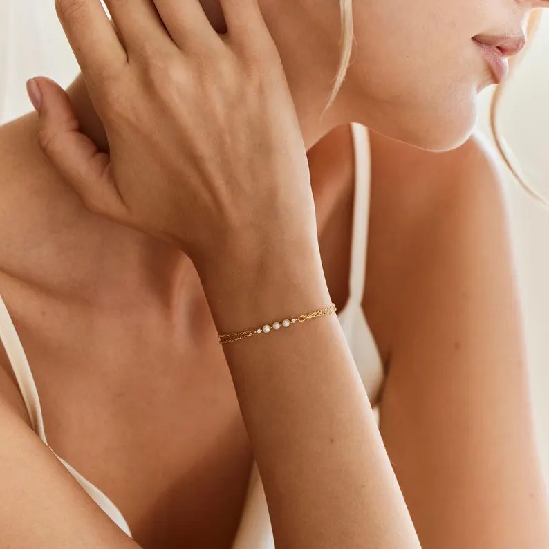 Minimalist 925 Sterling Silver 3 Pearl Bar Bracelet for Women