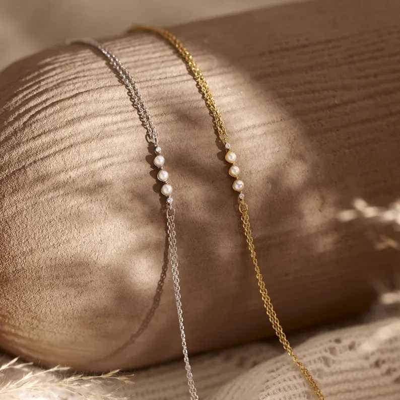 Minimalist 925 Sterling Silver 3 Pearl Bar Bracelet for Women