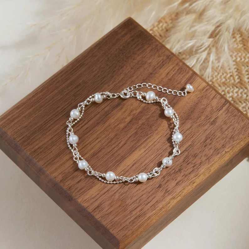 Dainty 925 Sterling Silver Freshwater Pearl Beaded Bracelet for Women