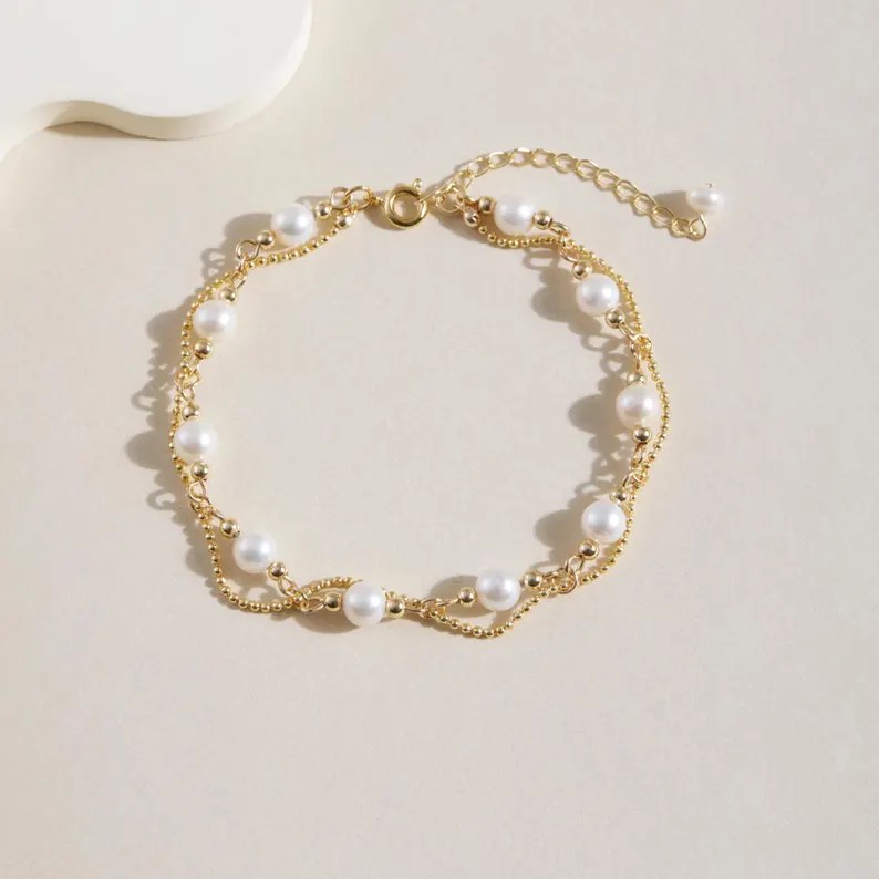 Dainty 925 Sterling Silver Freshwater Pearl Beaded Bracelet for Women